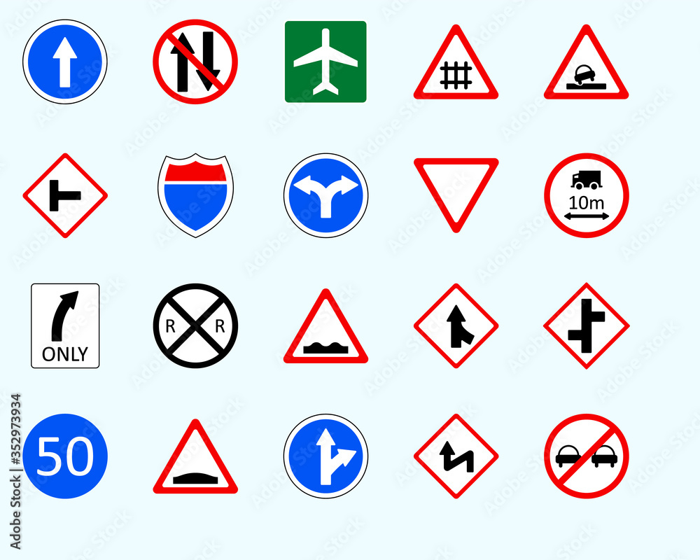 Traffic signs, no overtakingSet of road sign. collection of warning, priority Traffic signs, no overtakingSet of road sign. collection of warning, priority