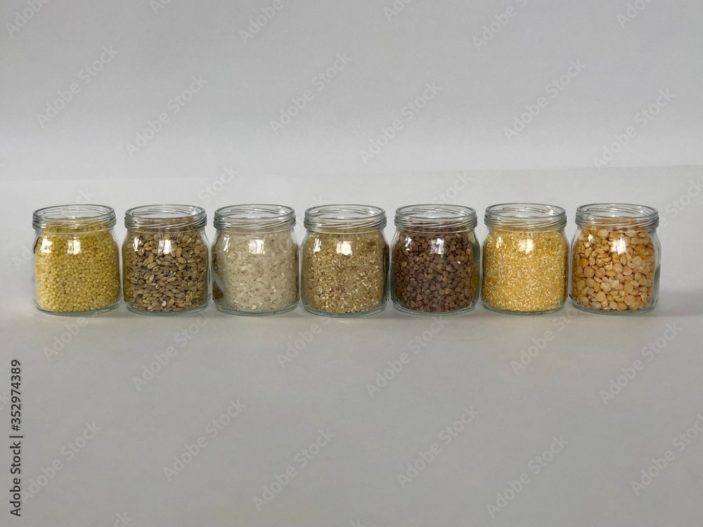 Various cereals in glass jars Various cereals in glass jars