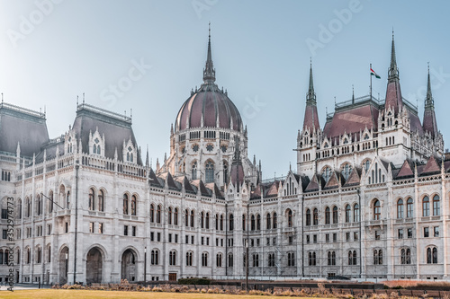 Hungarian Parliament building east side facade with scaffolding in Budapest morning
