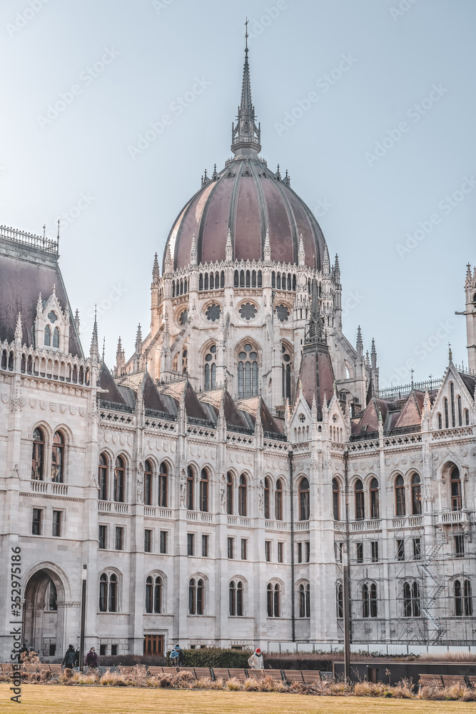 Hungarian Parliament building east side facade with scaffolding in Budapest morning