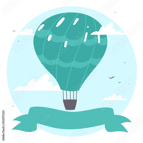 Colorful  air balloons or aerostat with basket with ribbon flying in sky with clouds. Vector illustration of traveling flying toy for poster, wallpapers, cards