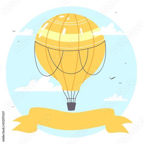 Colorful  air balloons or aerostat with basket with ribbon flying in sky with clouds. Vector illustration of traveling flying toy for poster, wallpapers, cards