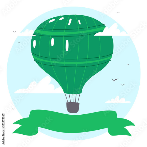 Colorful  air balloons or aerostat with basket with ribbon flying in sky with clouds. Vector illustration of traveling flying toy for poster, wallpapers, cards