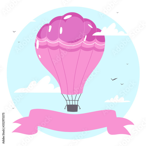 Colorful  air balloons or aerostat with basket with ribbon flying in sky with clouds. Vector illustration of traveling flying toy for poster, wallpapers, cards