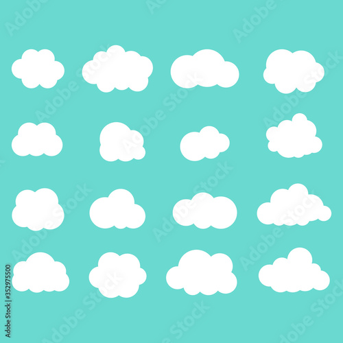 Set of clouds in blue sky. Cloud icon shape. Collection of different clouds, label, symbol. Graphic vector design element for logo, web and print.