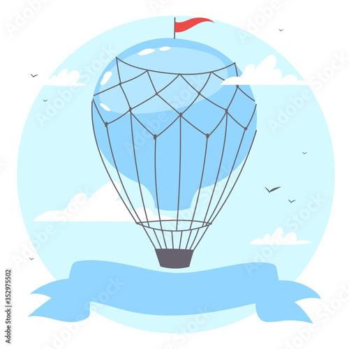 Colorful  air balloons or aerostat with basket with ribbon flying in sky with clouds. Vector illustration of traveling flying toy for poster, wallpapers, cards