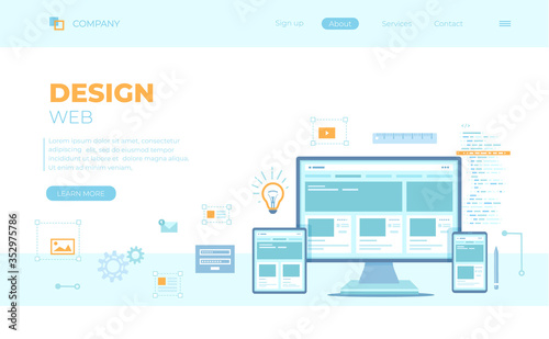 Web Design. Website template for monitor, laptop, tablet, phone. Elements for mobile and web applications. UI and UX content organization. Can use for web banner, landing page, web template.
