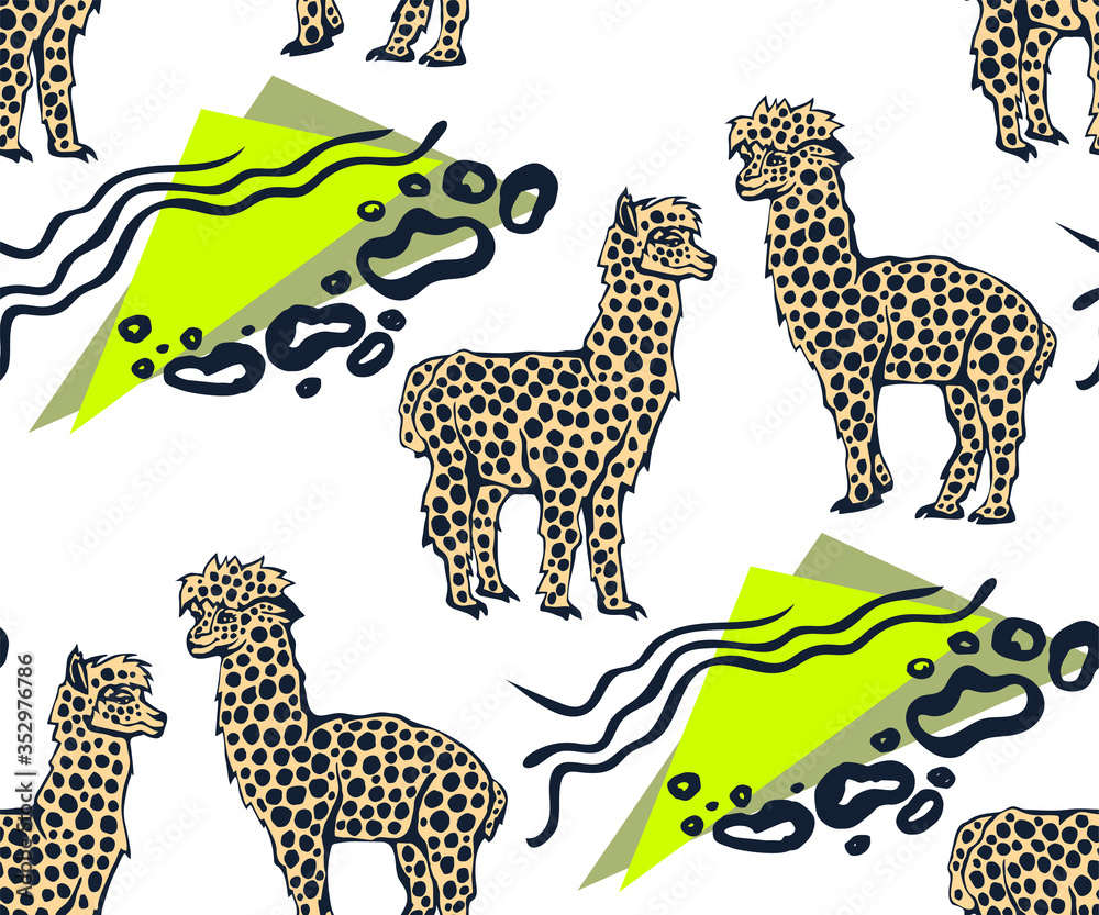 Obraz premium Vector background hand drawn exotic wild llama alpaca. Hand drawn ink illustration. Modern ornamental decorative background. Vector pattern. Print for textile, cloth, wallpaper, scrapbooking