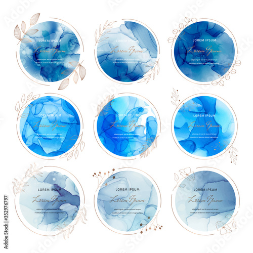 Blue circle frames with alcohol ink texture and hand drawn botanical leaves. Modern template for wedding invitation, greeting 
