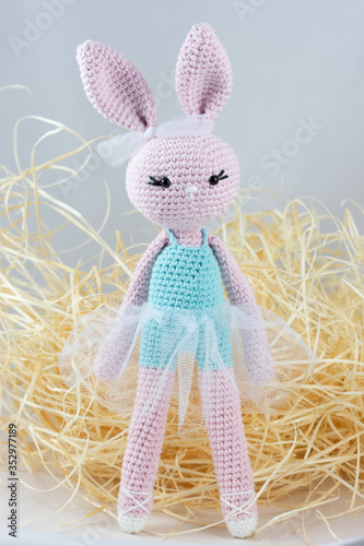 Amigurumi. Crochet rabbit handmade yarn soft toy baby present ballet pink 
