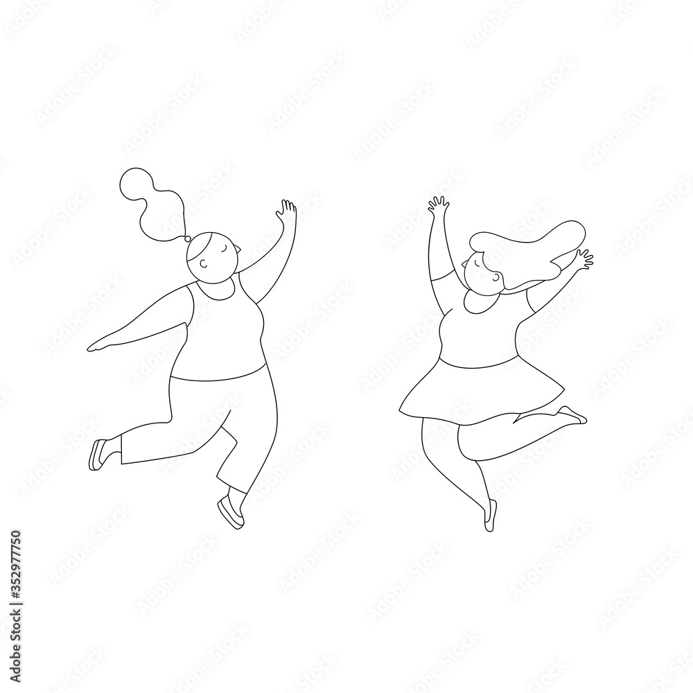 Beautiful friends girls jumping with raised hands.Happy positive young women rejoicing together.Characters design. Linear silhouette isolated on a white background. Beautiful friends girls jumping with raised hands.Happy positive young women rejoicing together.Characters design. Linear silhouette isolated on a white background.