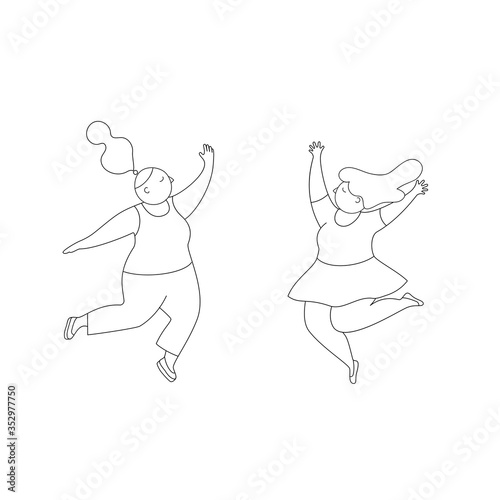 Beautiful friends girls jumping with raised hands.Happy positive young women rejoicing together.Characters design. Linear silhouette isolated on a white background.