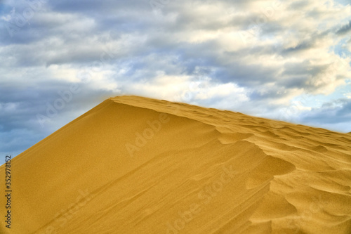 Yellow desert. Sand dunes. Blue sky and white clouds. Birds at sunset. Mountains of sand. The multi-colored sky. Feather clouds.