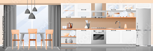 Modern white kitchen and dining room interior. Vector flat cartoon illustration. Contemporary home background