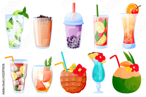 Summer tropical drinks, isolated on white background. Vector illustration. Bubble tea, lemonade, alcoholic cocktails