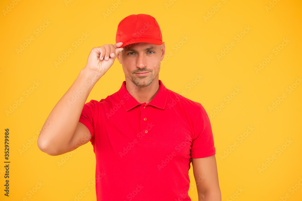 Keep it casual. Serious man wear red cap yellow background. Handsome guy in casual style. Casual fashion style. Casual wardrobe for men. Menswear store. Everyday clothes