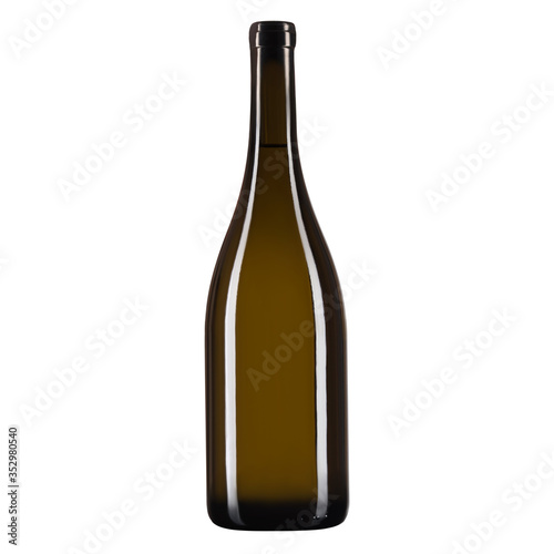 Empty glass bottle for wine or champagne, on a white isolated background. Square frame