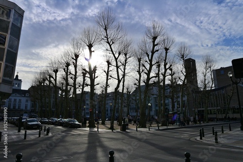 Brussels, Bruxelles / Belgium - 10 January 2020: Artistic winter sunset shot in backlight of trees branches in Rue Dansaert area Place du Nouveau Marché aux Grains square evening