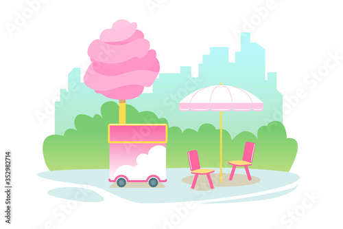 Pink cotton candy cart kiosk on wheels  cartoon candyfloss store on city street vector illustration. Sugar floss maker isolated on white background. Food festival in park. Holiday banner poster