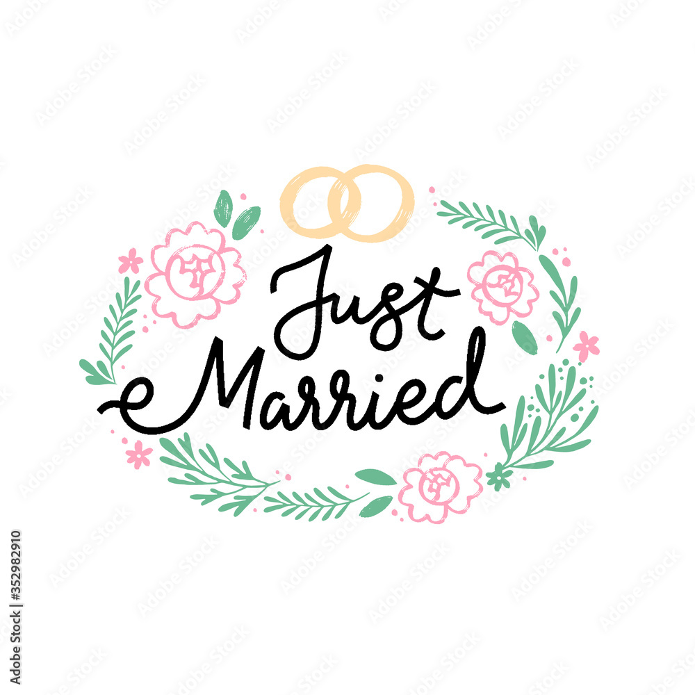 Just Married hand drawn vector phrase lettering. Hand-drawn inspires 
 the inscription. Abstract illustration with text on a white background. Rings, dots, leaves and flowers design element