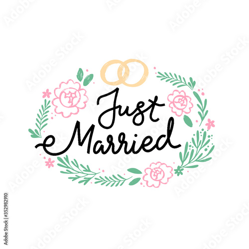 Just Married hand drawn vector phrase lettering. Hand-drawn inspires   the inscription. Abstract illustration with text on a white background. Rings  dots  leaves and flowers design element