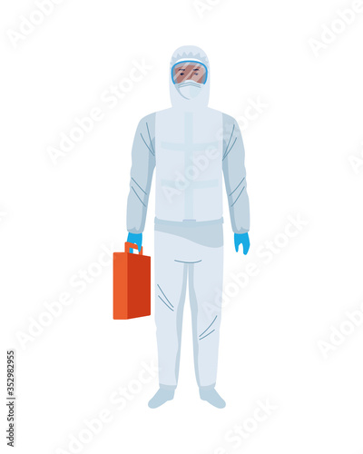 worker wearing biosafety suit white