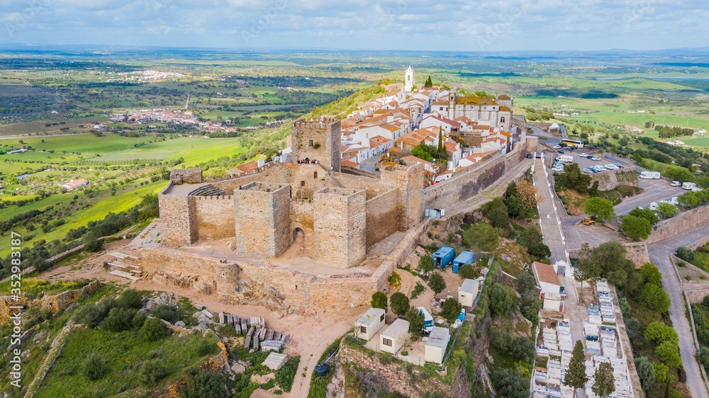 Monsaraz - Portugal. Aerial view of the medieval town of Monsaraz, on top of a hill, in Alentejo