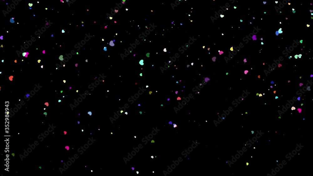 festive magical background. Twinkling, glittering, colored, heart shape particles falling on black background. Flying, flickering, heart shape particles sparkle . festive magical background. Twinkling, glittering, colored, heart shape particles falling on black background. Flying, flickering, heart shape particles sparkle .