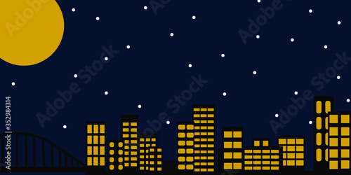 large city illuminated with many buildings, with a bridge, the moon and the starry sky