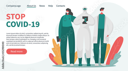 Flat vector landing page banner concept with brave doctors and nurses in special isolated protected uniform asking to stop the pandemic. Frontline of fighting with covid 19 and any other illness.