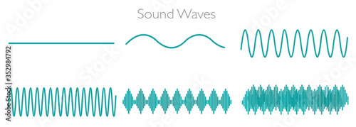 Sound waves. Audio frequency high low amplitude pitch note tone voltage volume. Green, black line rhythm, noise. On white screen, abstract background. Music, medical, education, illustration Vector
