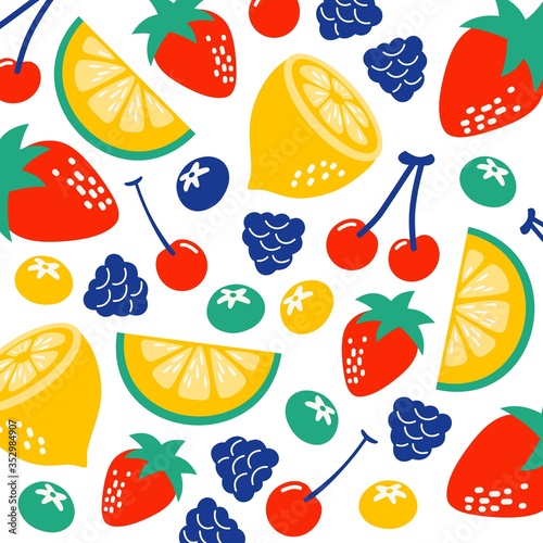 Strawberries oranges cherries blueberries on a white background. Bright summer fruit illustration. Fruit Mix design for fabric and decor. Collection of fruits. Set of colorful cartoon fruit icons