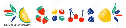 Strawberries oranges cherries blueberries on a white background. Bright summer fruit illustration. Fruit Mix design for fabric and decor. Collection of fruits. Set of colorful cartoon fruit icons