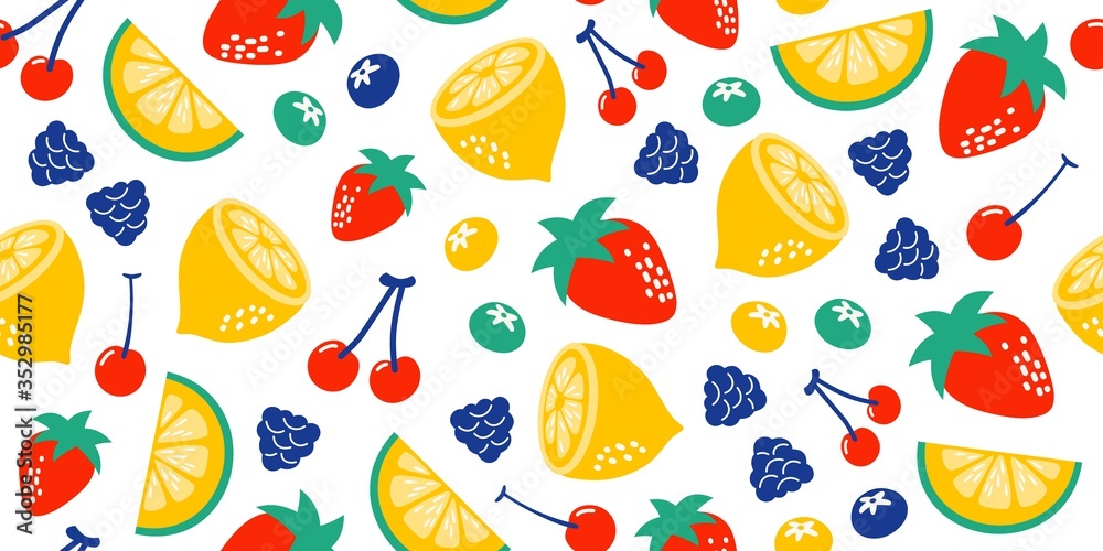 Strawberries oranges cherries blueberries blackberries on a white background. Bright illustration of summer fruits. Fruit seamless background. Set of fruits. Collection of colorful cartoon fruit icons