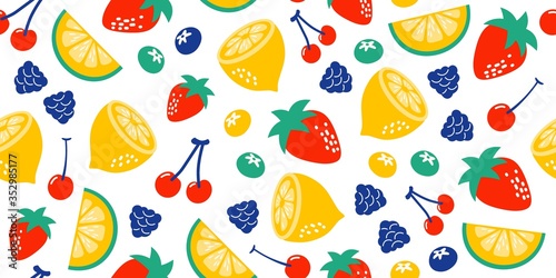 Strawberries oranges cherries blueberries blackberries on a white background. Bright illustration of summer fruits. Fruit seamless background. Set of fruits. Collection of colorful cartoon fruit icons