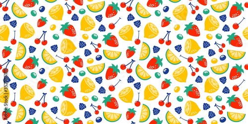 Strawberries oranges cherries blueberries blackberries on a white background. Bright illustration of summer fruits. Fruit seamless background. Set of fruits. Collection of colorful cartoon fruit icons