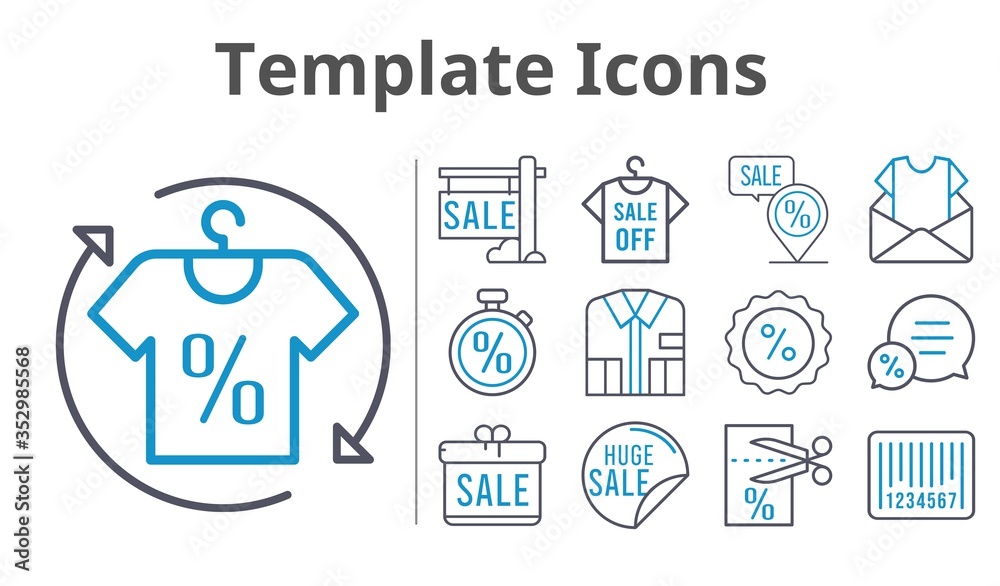 template icons set. included gift, newsletter, sale, shirt, voucher, chat, discount, placeholder, barcode, stopwatch icons. bicolor styles. template icons set. included gift, newsletter, sale, shirt, voucher, chat, discount, placeholder, barcode, stopwatch icons. bicolor styles.