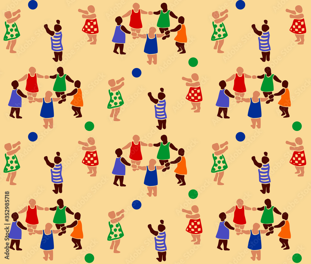 Fototapeta premium Seamless wallpaper pattern, Flat style, children playing, ornament, vector