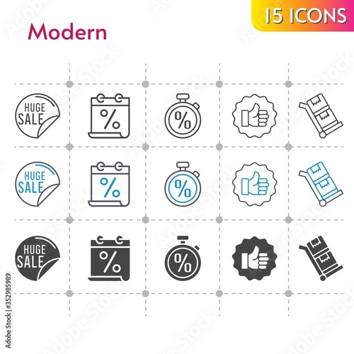 modern icon set. included calendar, sale, like, stopwatch, trolley icons on white background. linear, bicolor, filled styles.