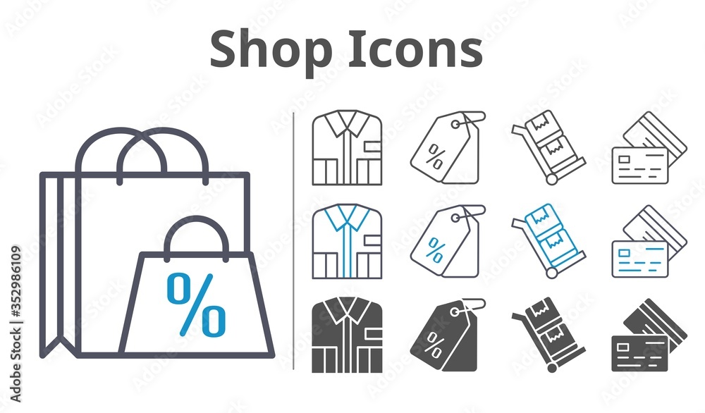 shop icons icon set included shopping bag, shirt, price tag, credit card, trolley icons shop icons icon set included shopping bag, shirt, price tag, credit card, trolley icons
