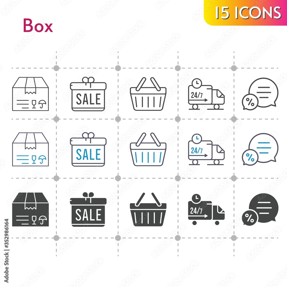 box icon set. included gift, package, chat, shopping-basket, delivery truck, shopping basket icons on white background. linear, bicolor, filled styles.