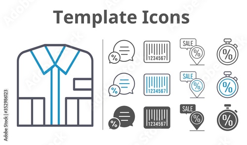 template icons icon set included shirt, chat, placeholder, barcode, stopwatch icons
