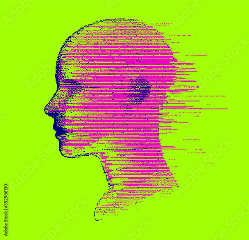 Artificial intelligence and Psychological profiling concept. Human head with glitched pixels, distorted profile of a woman made of square particles.