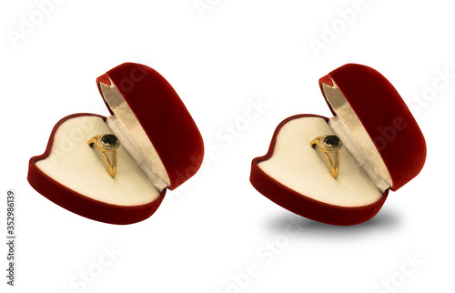 Isolated Velvet ed box with golden ring with gemstone sapphire on white background