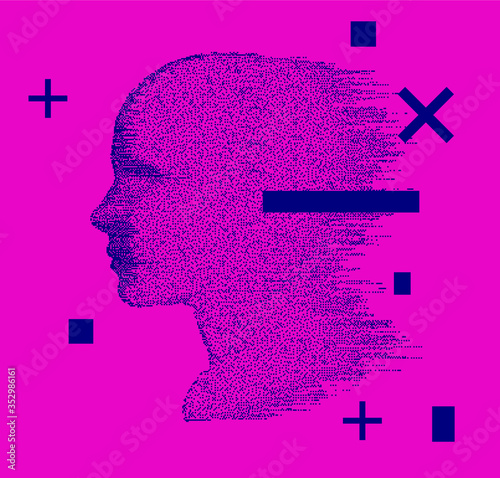 Artificial intelligence and Psychological profiling concept. Distorted profile of a woman made of particles. Vaporwave and cyberpunk style collage made in pixel art technique.