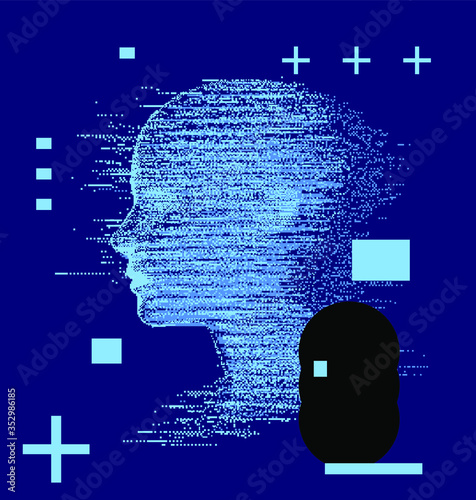 Artificial intelligence and Psychological profiling concept. Human head with glitched pixels, distorted profile of a woman made of square particles.
