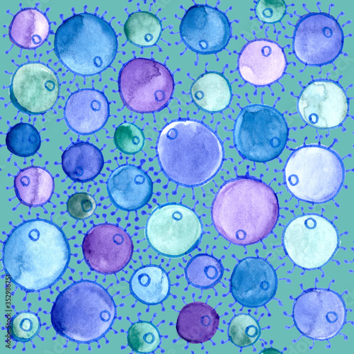 Abstract watercolor seamless pattern from images of coronavirus on a blue background