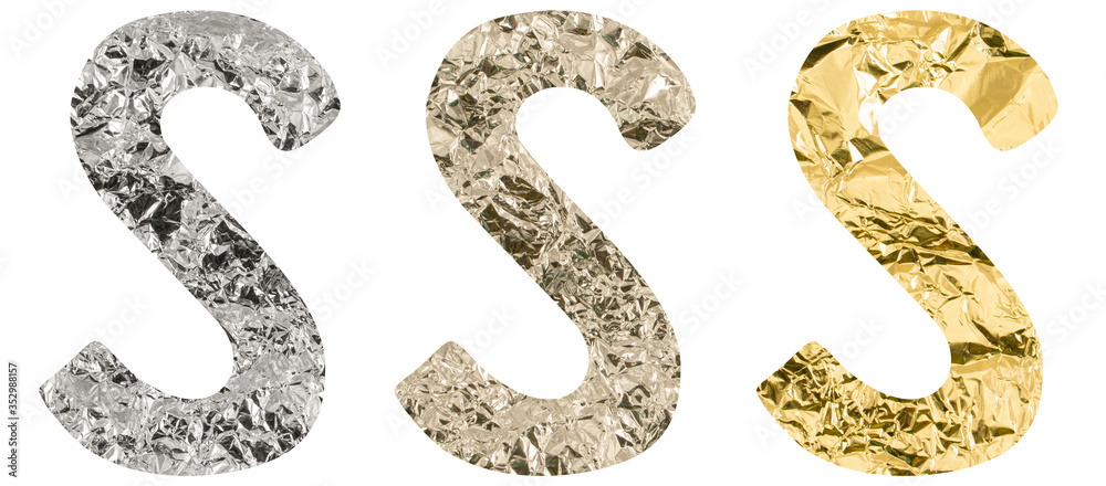 Isolated Font English or Latin Letter S made of crumpled titanium, silver, gold foil on white background Isolated Font English or Latin Letter S made of crumpled titanium, silver, gold foil on white background