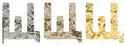 Isolated Font Russian Letter made of crumpled titanium, silver, gold foil on white background