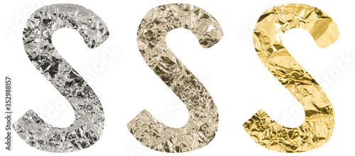 Isolated Font English or Latin Letter S made of crumpled titanium  silver  gold foil on white background